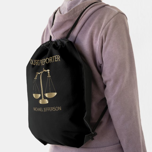 Court Reporter - Black and Gold Drawstring Bag (Insitu)