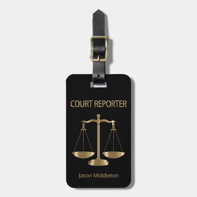 Court Reporter - Black and Gold Luggage Tag (Front Vertical)