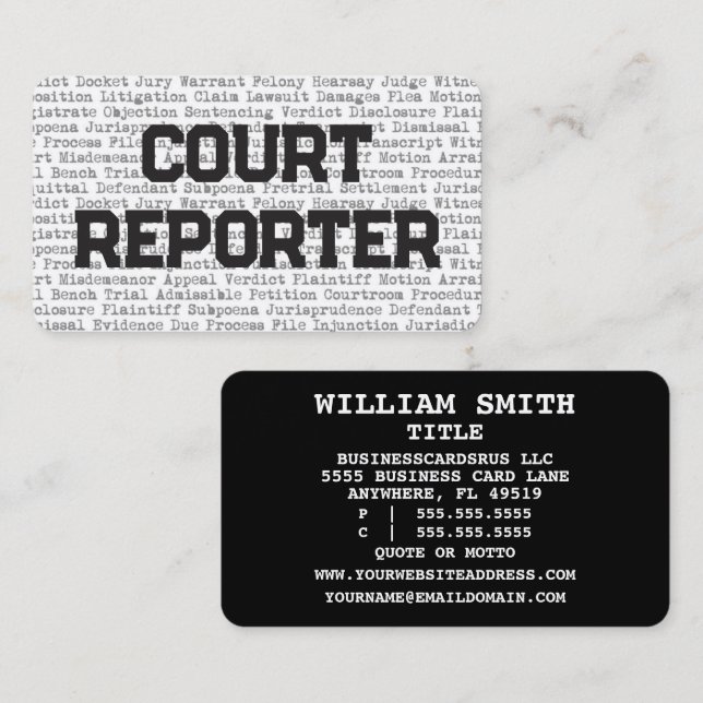 Court Reporter Legal Words Business Card (Front/Back)