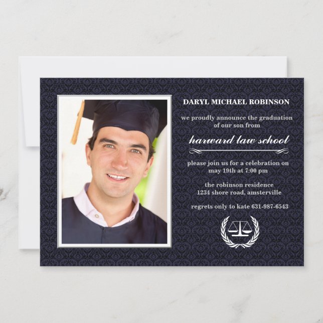 Court Symbol Photo Law School Purple Graduation Invitation (Front)