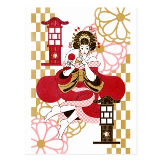 Courtesan and paper-covered lamp stand (Oiran and Postcard