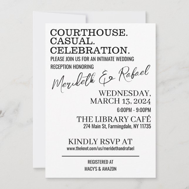 Courthouse. Casual. Cocktails. Wedding Invite (Front)