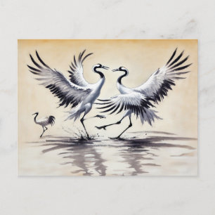 Courtship Dance of Two Cranes in the Marsh Chinese Postcard