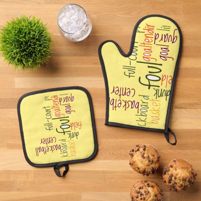 Courtside Chic Dribble, Dish, Dazzle: Basketball  Oven Mitt & Pot Holder Set (Top Down)