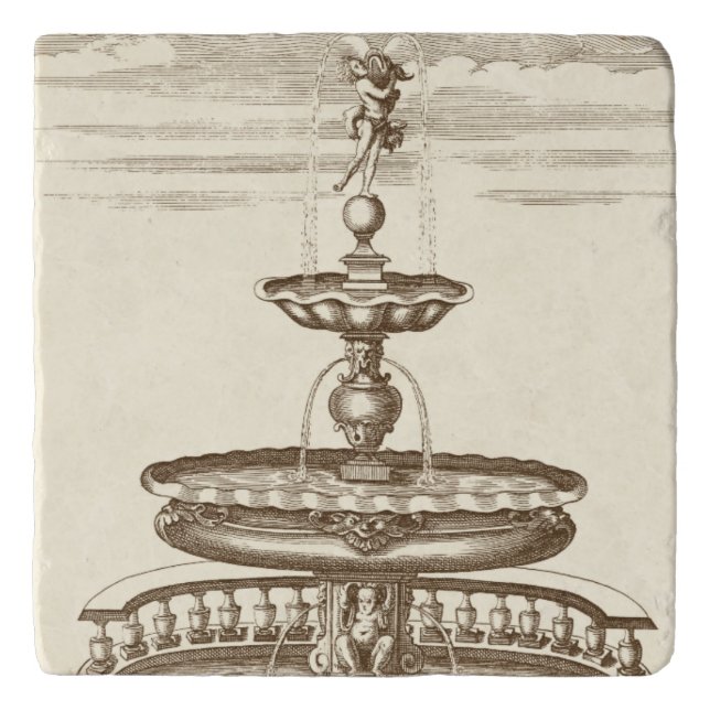 Courtyard Fountain with Ornamental Cherub Trivet (Front)