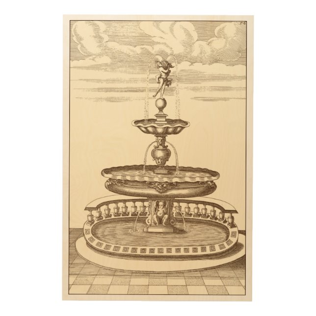 Courtyard Fountain with Ornamental Cherub Wood Wall Art (Front)
