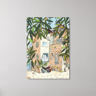Courtyard in Haifa Israel Cityscape Collage Sketch Canvas Print