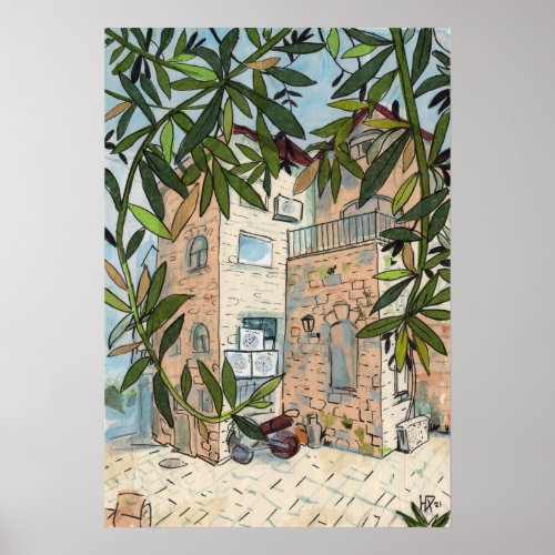Courtyard in Haifa Israel Cityscape Collage Sketch Poster