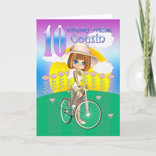 Cousin 10th Birthday Card with little girl on bike