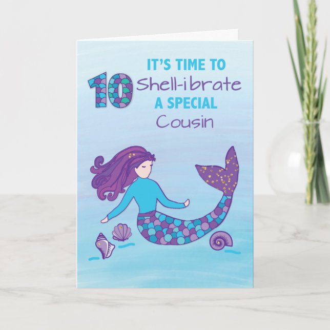 Cousin 10th Birthday Sparkly Look Mermaid Card (Front)