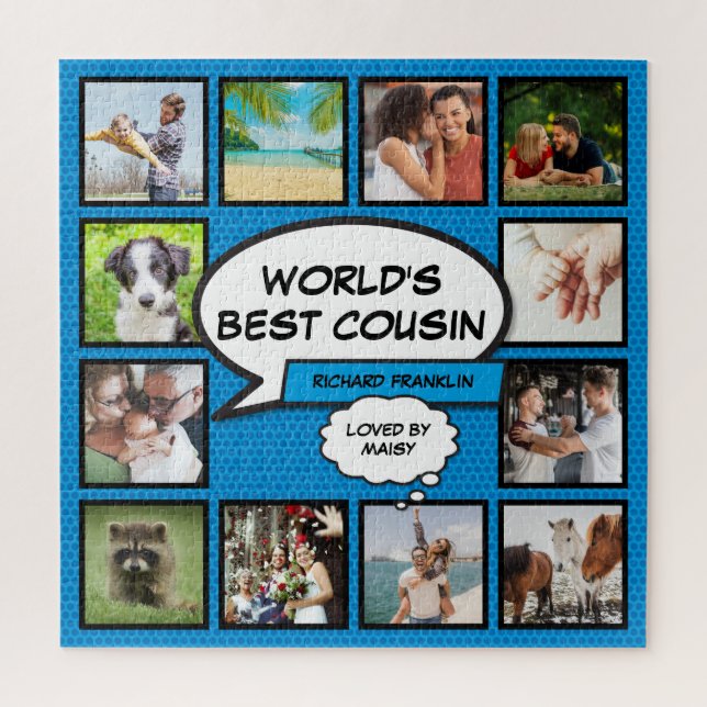Cousin 12 Photo Collage Comic Book Fun Blue Jigsaw Puzzle (Vertical)