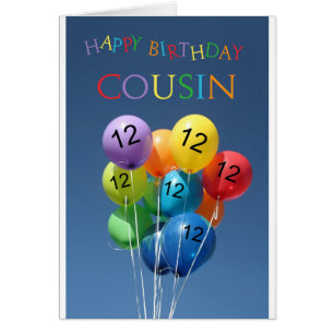 Cousin 12th birthday colored balloons cards