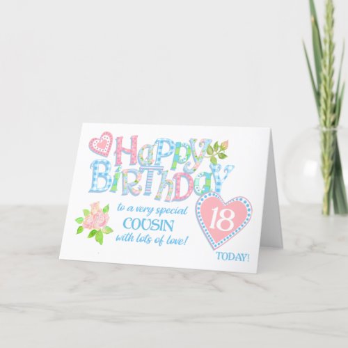 Cousin 18th Birthday Roses Hearts Word Art Card