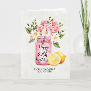 Cousin 35th Birthday Floral Jar Pink Greeting Card