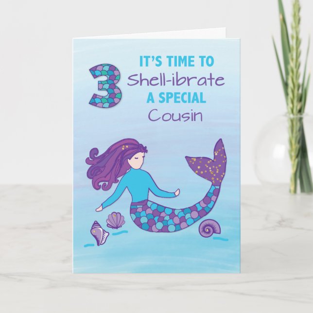 Cousin 3rd Birthday Sparkly Look Mermaid Card (Front)
