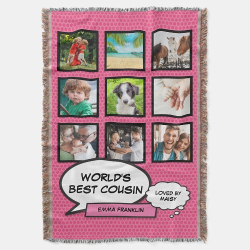 Cousin 9 Photo Collage Comic Book Fun Pink Throw Blanket