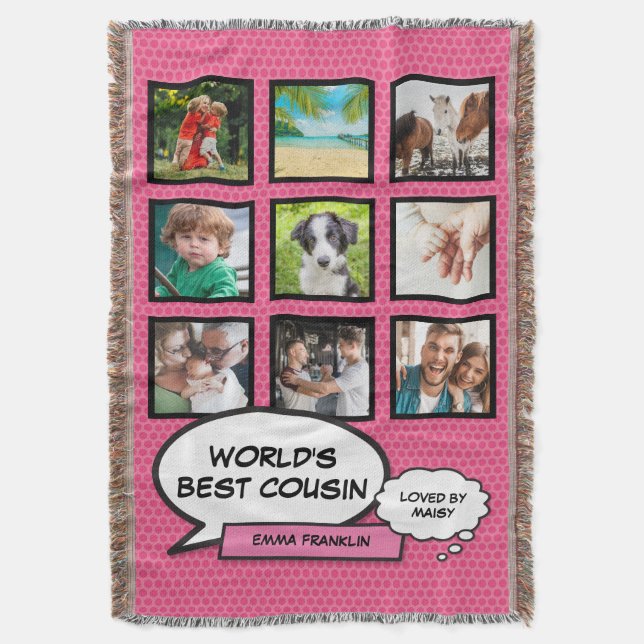 Cousin 9 Photo Collage Comic Book Fun Pink Throw Blanket (Front Vertical)
