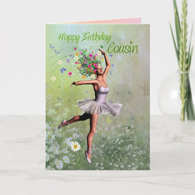 Cousin, a ballerina flower fairy birthday card (Front)