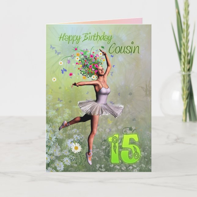 Cousin age 15, flower fairy birthday card (Front)