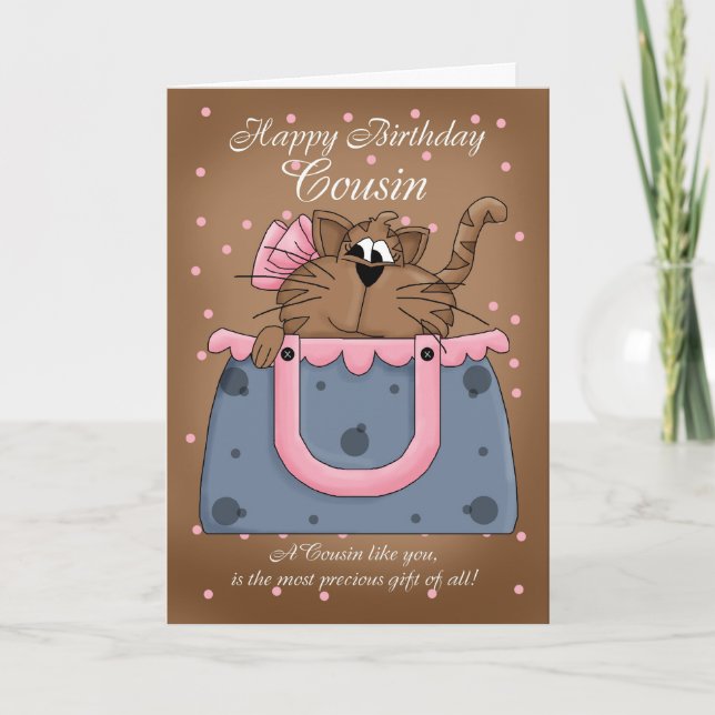 Cousin Birthday Card - Cute Cat Purse Pet (Front)