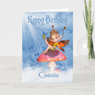 Cousin Birthday Card - Cute Fairy On A Mushroom