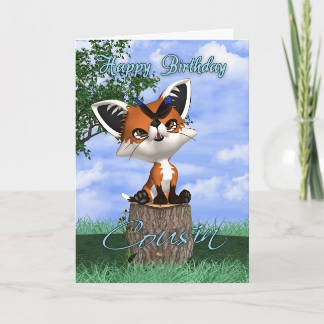 Cousin Birthday Card With Cute Fox And Butterfly (Front)