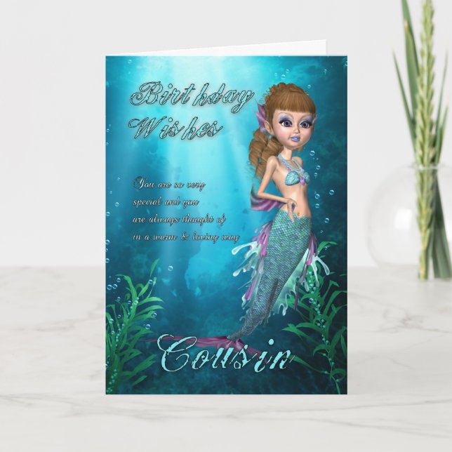 Cousin Birthday Card With Cute Mermaid (Front)