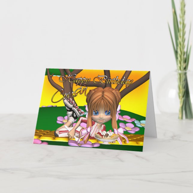 Cousin Birthday card with cutie pie by Moonlake (Front)