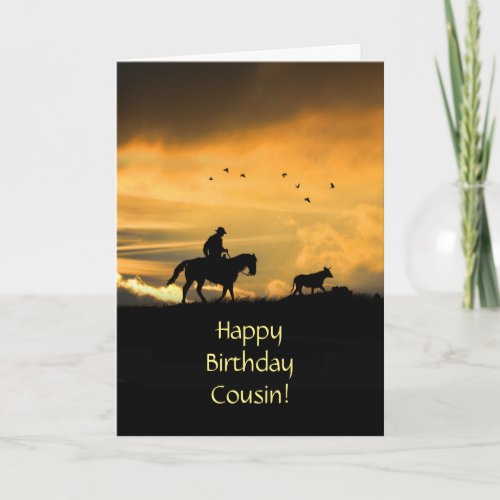 Cousin Birthday with Cowboy and Steer Sunset Card