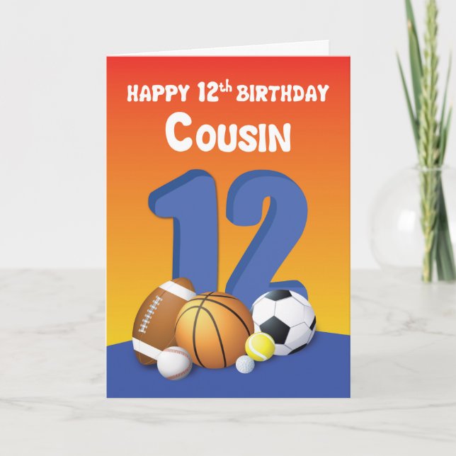 Cousin Boy 12th Birthday Sports Balls Card (Front)