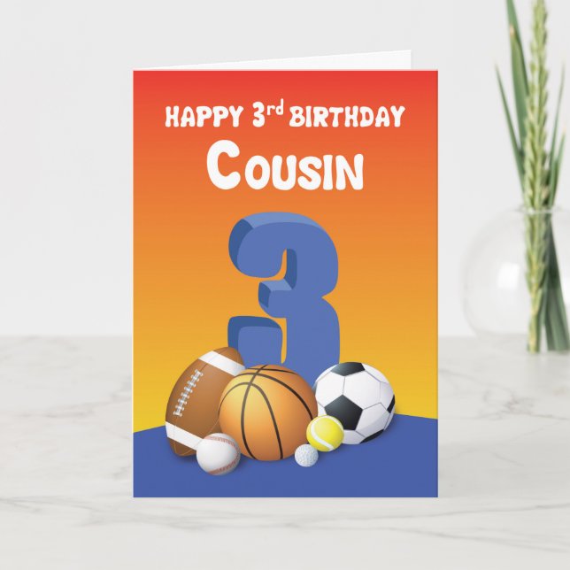 Cousin Boy 3rd Birthday Sports Balls Card (Front)