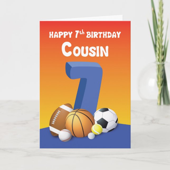Cousin Boy 7th Birthday Sports Balls Card (Front)