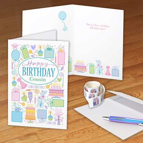 Cousin Bright Pastel Birthday Icons Card