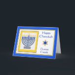 Cousin Chanukah Contemporary Menorah Card<br><div class="desc">Happy Chanukah Dearest Cousin,  contemporary menorah with blue candles,  paper greeting card. Digital illustration with a lit menorah and a Star of David. Art,  image,  and verse copyright © Shoaff Ballanger Studios,  2024.</div>