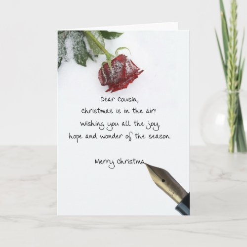 Cousin christmas letter on snow rose paper holiday card