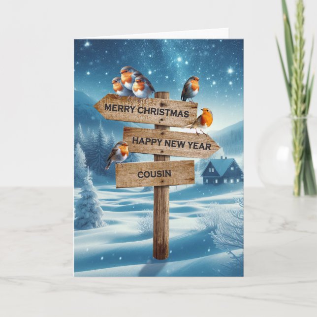 Cousin Christmas Robins on a Signpost Holiday Card (Front)