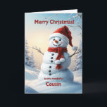 Cousin Christmas Snowman  Holiday Card<br><div class="desc">A festive winter scene showing a cheerful snowman in a red hat and scarf. Wish your cousin a merry Christmas with a lovely snowman card.</div>