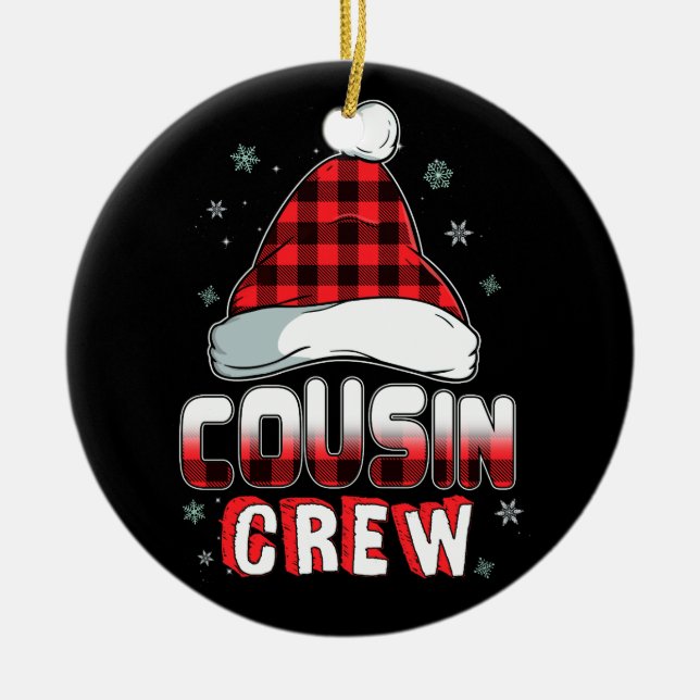 Cousin Crew Plaid Red Santas Hat Christmas Pajamas Ceramic Ornament (Front)