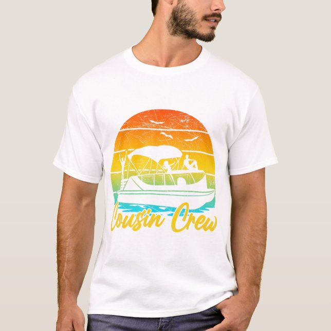 Cousin Crew Pontoon Boat Summer Retro Sunset Lake  T-Shirt (Front)