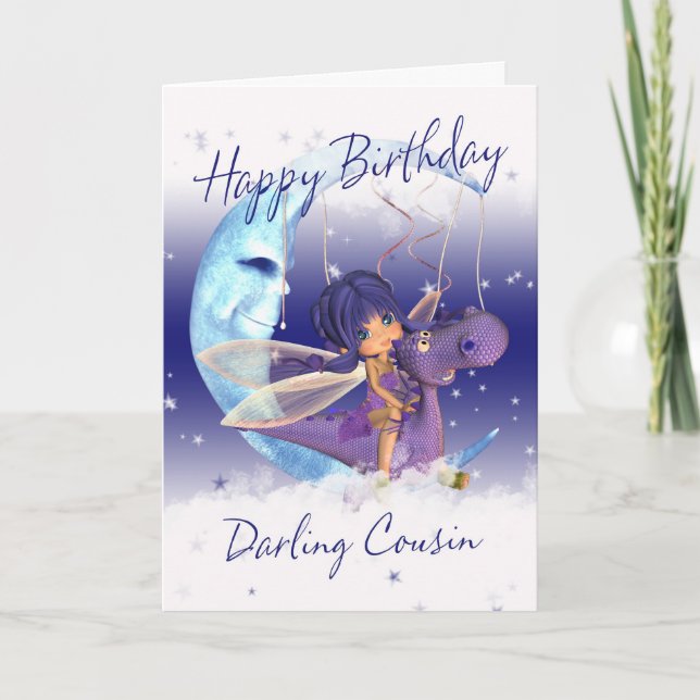 Cousin Cute Birthday card, purple dragon with fair Card (Front)
