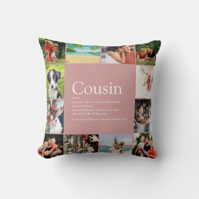 Cousin Definition Photo Collage Dusty Rose Pink Throw Pillow (Front)