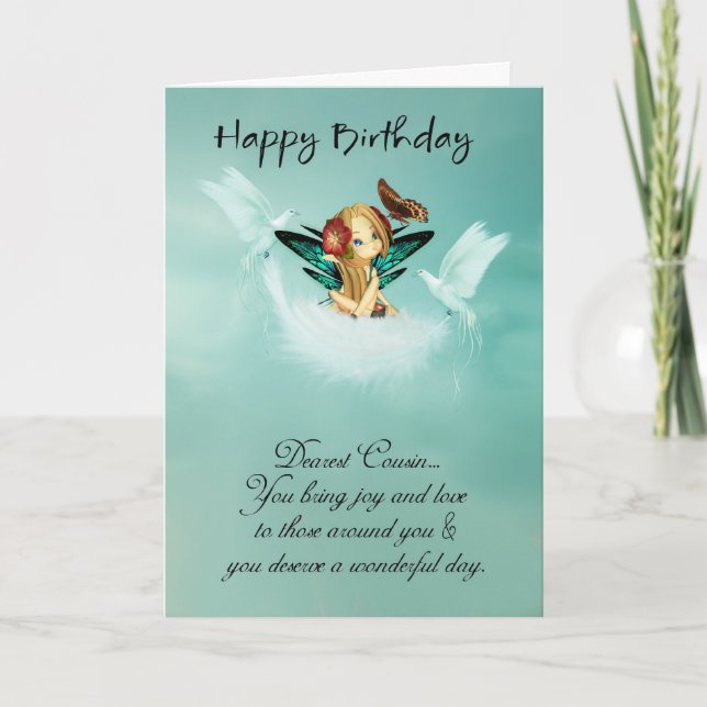 Cousin Fairy Birthday Card With Doves (Front)