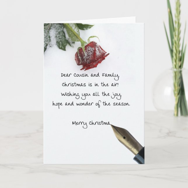 Cousin & Family christmas letter snow rose paper Holiday Card (Front)
