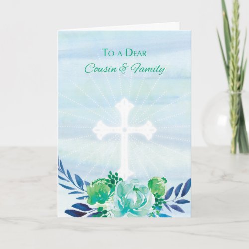 Cousin  Family Teal Blue Flowers w Cross Easter Holiday Card
