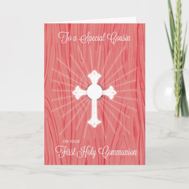 Cousin First Communion Cross and Rays on Pink Wood Card (Front)