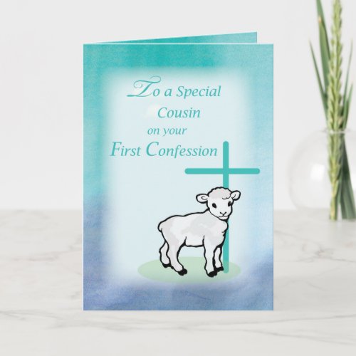 Cousin First Confession Lamb Cross on Teal Purple Card