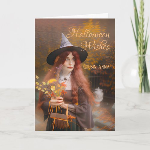Cousin Halloween Wishes Witch and Autumn Bouquet Card