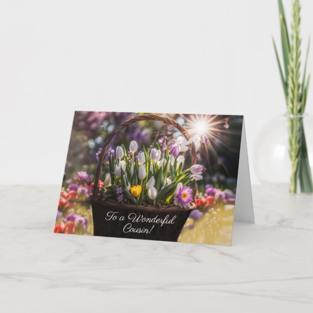Cousin Happy Easter with Basket of Spring Bulbs  Card (Front)