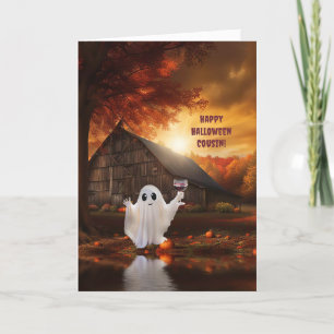 Cousin Happy Halloween with Wine Drinking Ghost Card
