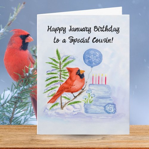 Cousin Happy January Birthday Cardinal with Cake
